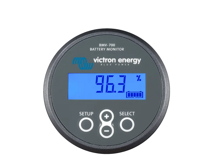 Victron Energy battery monitor with digital display on a white background