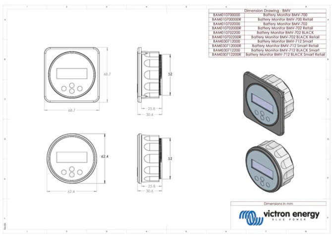 Technical drawing of a Victron Energy product with dimensions and views