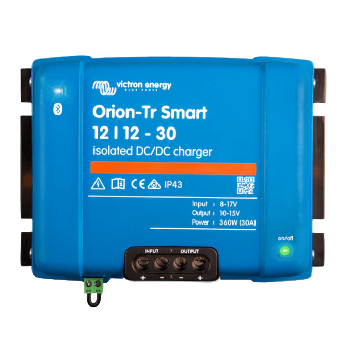 Blue Victron Energy Orion-Tr Smart DC/DC charger on a white background
