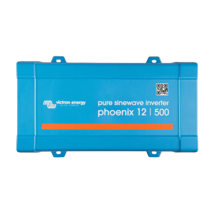 Blue Victron Energy inverter with text on a white background