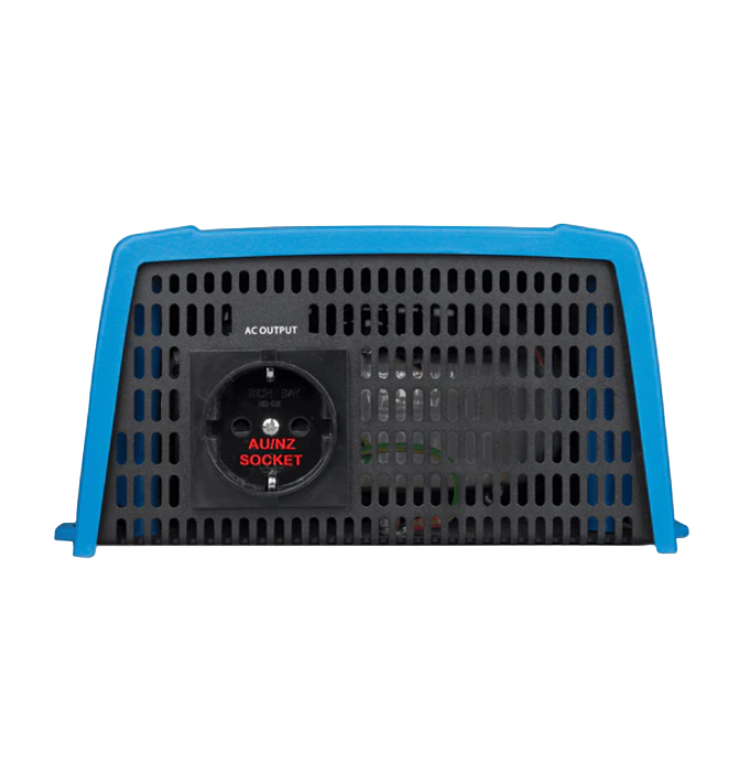 Victron Power inverter with blue casing and black grille on a white background