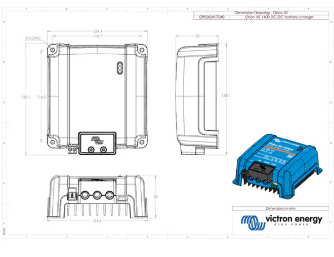 Technical drawing and Victron Energy branded battery charger on a white background
