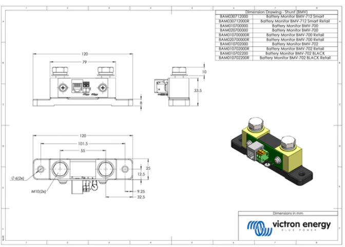 Technical drawing of a battery module with dimensions and Victron Energy logo.