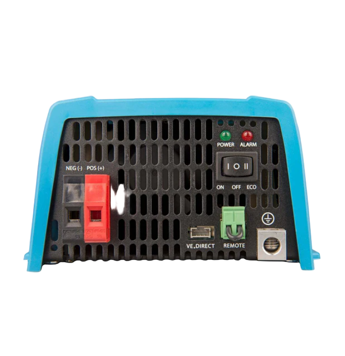 Back view of a Victron power inverter with blue casing on a white background